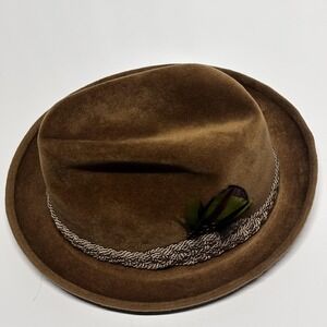 Stetson Hat Challenger Sovereign Velour Alpine Fedora Brown Feather Size 6 7/8